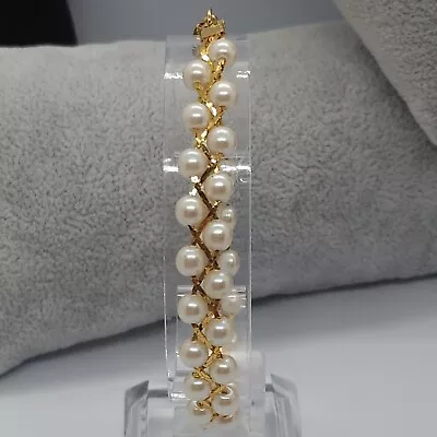 Vintage Gold Tone Faux Pearl Woven Braid Chain Bracelet  • $15