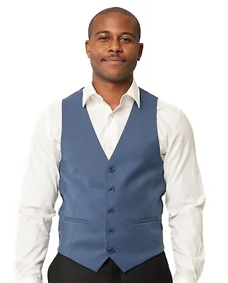 Slate Blue Textured Dress Suit Vest 5 Button V Neck Adjustable Back Strap AZAR • $34.95