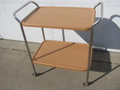 $99.99 • Buy Vintage MCM Brown Metal 2 Tier Rolling Kitchen Bar Serving Utility Cart W/Wheels