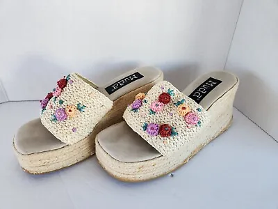 Mudd Vintage Y2K 90s  Boho Platform Sequin Wedge Sandal 8M Straw Roses 3D   • $27.98