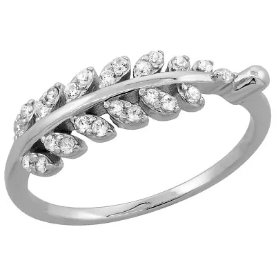 Sterling Silver Dainty Olive Branch Ring W/ Micro Pave Cubic Zirconia Stones • $16.99