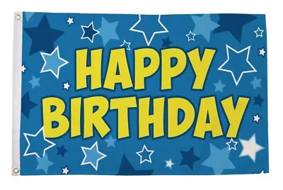 Happy Birthday Banner Flag 5x3 Blue 100% Polyester Metal Grommets 2 Sided 150cm • £4.99