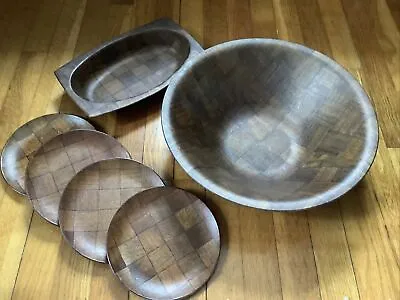 6 Pc. Vtg  WeaveWood Salad Bowl Set Basket Weave Lg Bowl 4 Sm Bowls Serving Dish • £53.20