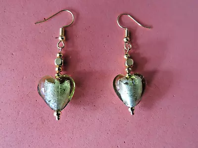 Beautiful Gold Plated Heart Earrings With Murano Glass 4.9 Gr.3 Cm. Long + Hooks • $8.57