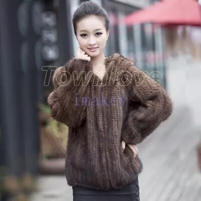 Womens Real Genuine Knitted Mink Fur Hooded Warm Coat Jacket Outwear Short Tops • $245.32
