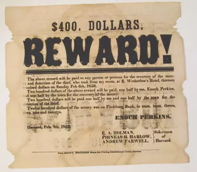 1859 REWARD Broadside - Stolen Money - Fitchburg MA / Mass. Bank Notes • $145