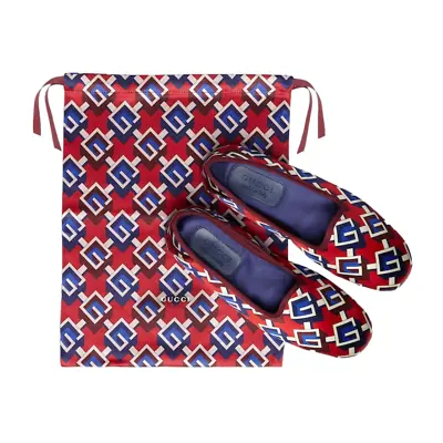 Authentic Men's Gucci Red Satin Voyage Geometric G Print Slipper Shoes New $570 • $269.10