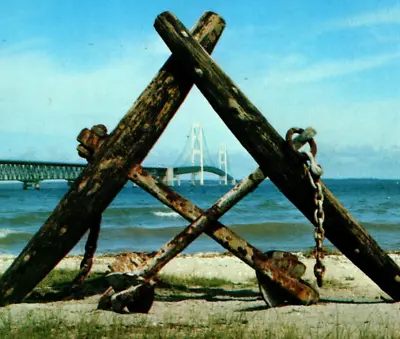 Strange View Mackinac Bridge Michigan Anchors Wood Beach Art Vintage Postcard A5 • $9.93