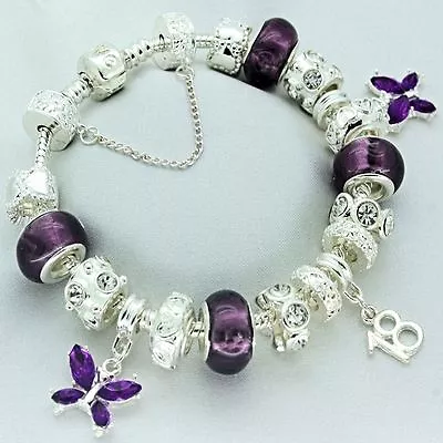 Ladies Purple Charm Bracelet 16th 18th 21st 30th 40th 50th BIRTHDAY Present Gift • £12.99