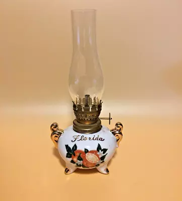 Vintage Porcelain Miniature Oil Kerosene Lamp FLORIDA In Gold Letters & Oranges • $20