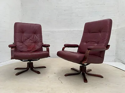 EB3154 Pair Of Danish Beech & Cherry Red Leather And Vinyl Swivel Chairs MSWI • £275