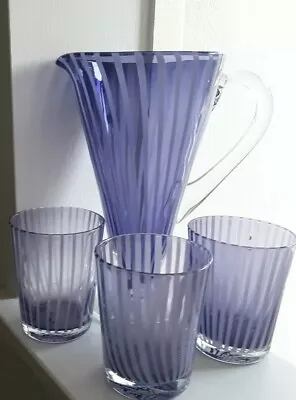 Murano AMETHYST Purple  Striped Glass Pitcher & 3 Double Old Fashioned Set • $99.95