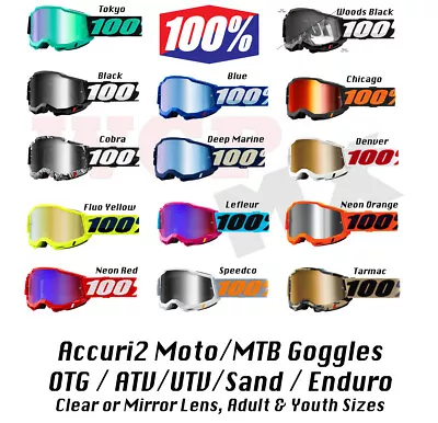 100% ACCURI 2 Goggles - Offroad MX Moto SXS MTB - CLEAR Or MIRROR LENS Goggles • $45