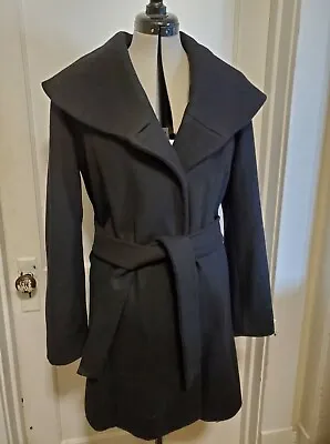 Merona Women's Black Wool Blend Belted Coat Wool Trench Coat Wool Blend Jacket~L • $49.99