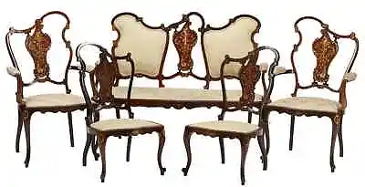 Antique Salon Set Austrian  Inlaid 5-Piece Set Settee With 4 Chairs!! • $2895