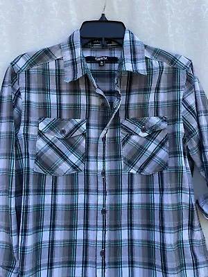 CARBON Gray Black Green Plaid Long Sleeve Roll Up Collar Button Up Shirt Mens M • $13.99