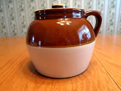 Vintage Brown Tan 2 Quart Stoneware Crock Bean Pot Single Handle With Lid • $19.95