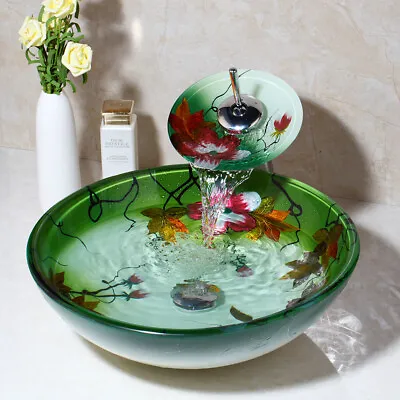 UK Bathroom Round Glass Vessel Sink Green Basin Bowl Combo Mixer Tap Drain Set • £139.98