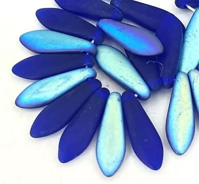 25 Czech Glass Dagger Beads - Matte - Cobalt Blue AB 16x5mm • $4.99