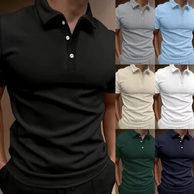 Mens Short Sleeve Polo Shirt Casual Slim Fit Solid Lapel Button T Shirt Tops • $19.90