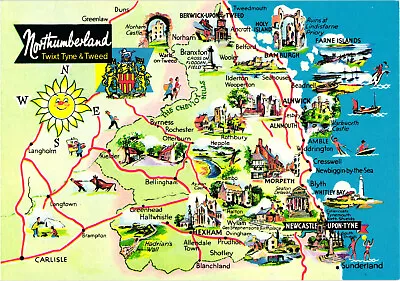 Northumberland Twixt Tyne & Tweed Map UK Postcard Unposted • £5.09