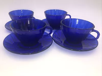 Set Of 4 VERECO FRANCE COBALT BLUE SWiRL Glass CUP & SAUCER Coffee Tea- P • $25.50