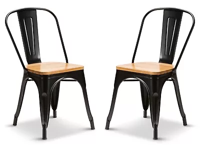 2 Black With Oak Wood Seat Tolix Style Dining Chairs Metal Industrial Slight2nds • £69.99