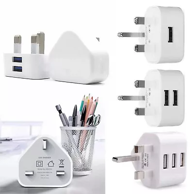 UK 3 Pin Dual USB Plug Adapter Mains Wall Charger 1 2 Port For Phones Tablets • £4.38