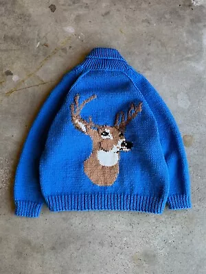 Vintage 60's Deer Cowichan Knit Blue Sweater Zip Up Double Sided • $150