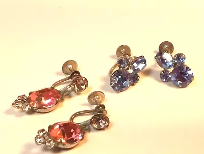 2 Vintage Art Deco Open Back Screw Back Earrings Pink & Blue Rhinestones • $15.99