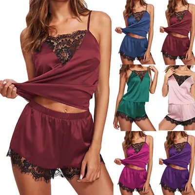 £3.99 • Buy Ladies Pyjamas Set Women Satin Silk Lace Cami Vest Shorts Lingerie Pj Sleepwear