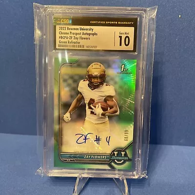 $349 • Buy 22 Bowman U Chrome Green 1st Auto /99 Zay Flowers Baltimore Ravens CSG 10 Pop 1