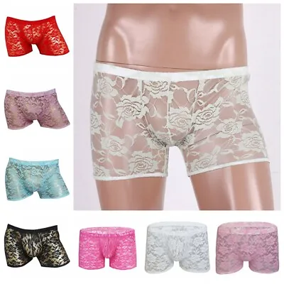 Sexy Men's Boxer Briefs Sheer Lace Floral Shorts Sissy Pouch LingerieUnderwear • £4.68