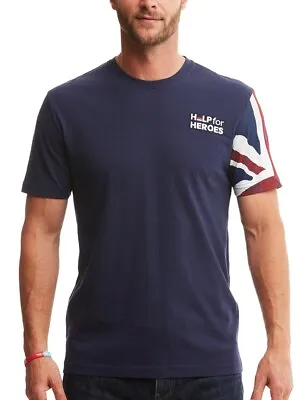 Help For Heroes Men's Union Jack Sleeve Patriotic T-Shirt In Navy • £22