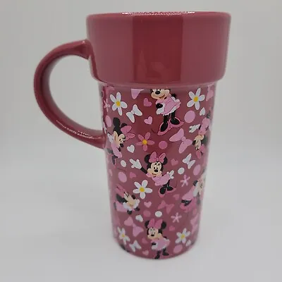 Disney Store Minnie Mouse Travel Mug Burgundy With Pink Accents Ceramic W/o Lid • $4.99