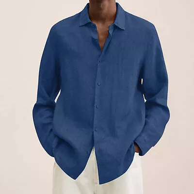 Mens Long Sleeve Cotton Linen Dress Shirt Casual Solid Button-up Baggy Tops UK • £13.49