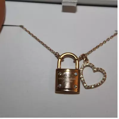 Nib Michael Kors Padlock Pave Heart Charm Rose Gold Tone Necklace • $47.99