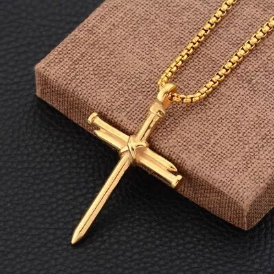 Gold Christ Jesus Nail Rope Cross Pendant Necklace Chain Christian Jewelry Gift • $3.99