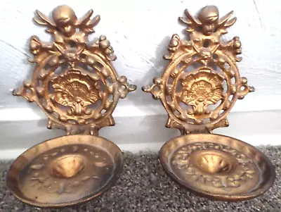 Vintage Pair Of Cast Iron Wall Mounted Candle Holders Cherubs Foldable • $59.99