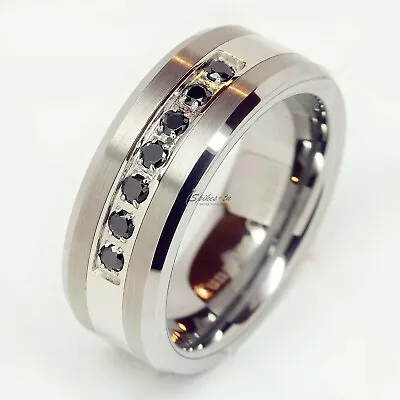 VBFOT Tungsten Ring Black CZ Diamonds Inlay Mens Wedding Band Brushed 5-15+Half • $15.09