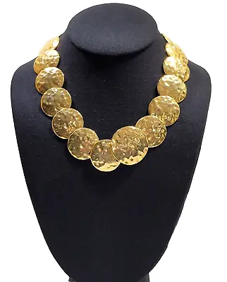 Hammered Shiny Gold Tone Disk Choker Necklace Classic Costume Runway 18 Inch • $24.95