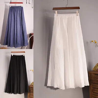 Women Summer Skirts Pleated Elastic Waist Long Dress Boho Maxi Skirt Solid Color • £11.51