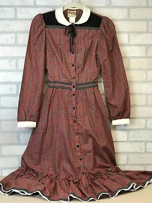 Vintage Gunne Sax By Jessica San Francisco Sz 7 Red Plaid Velvet Shoulder Dress • $175