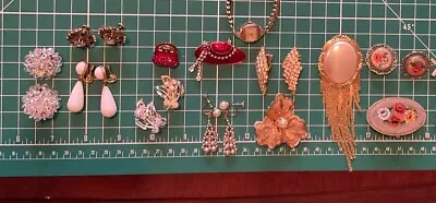 14 Vintage Costume Jewelry Earrings  Pins Lovely 50’s Red Hat Rhinestone • $15