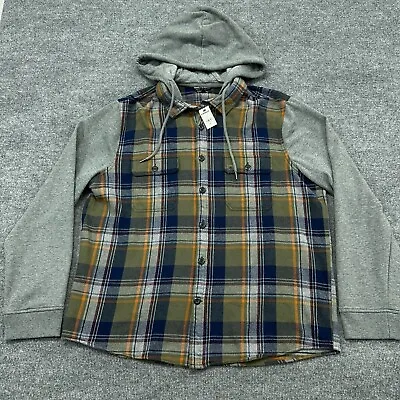 Express Hoodie Mens XL Green Gray Plaid Flannel Button Sweatshirt Hood Jacket • $25.95