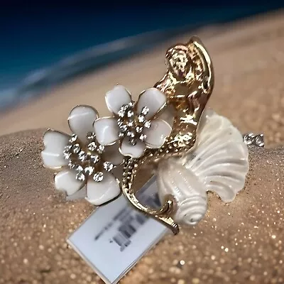 Betsey Johnson Bracelet Gold Tone Mermaid Flower Seashell Hinged Crystal Bangle • $42.19