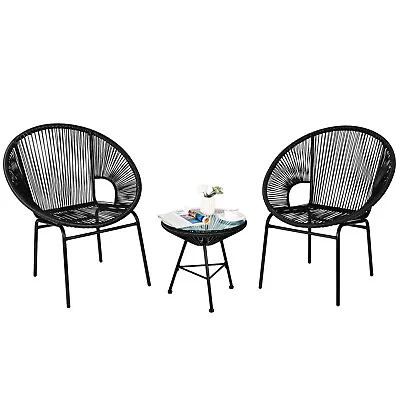 Costway 3PCS Patio Acapulco Furniture Bistro Set Plastic Rope Glass Table Black • $139.99