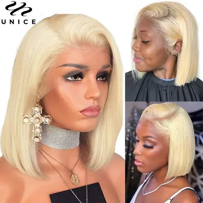 Mongolian 613 Blonde Bob Straight Lace Closure Human Hair Wig For Black Women US • $108.89