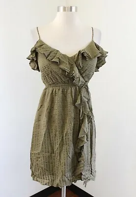MILLY New York Olive Green Printed Silk Blend Ruffle Front Dress Size 0 • $34.99