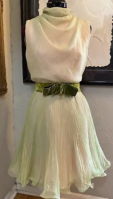 Vintage 60’s Dress Sheer Chiffon Overlay Pink Green Ruffled Pleated Princess S/M • $120